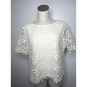 Draper's & Damons Scallop Lace Top Ivory Crochet Short Sleeve Lined PXL